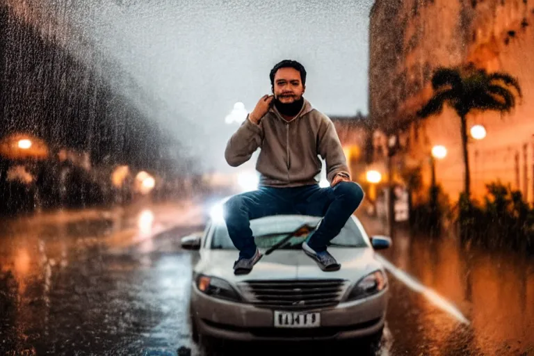 Image similar to Photo of a man sitting on the car roof in the heavy rain at the city that sank , outdoor lighting, dynamic lighting, volumetric, wide angle, anamorphic lens, go pro, 4k