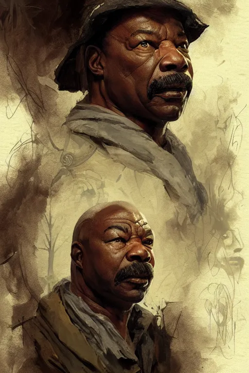 Image similar to carl weathers, sorcerer, lord of the rings, tattoo, decorated ornaments by carl spitzweg, ismail inceoglu, vdragan bibin, hans thoma, greg rutkowski, alexandros pyromallis, perfect face, fine details, realistic shaded