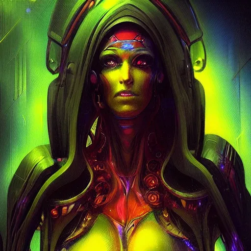 Image similar to “realistic picture of a woman goddess matrix cyberpunk alien divine deity in the style of Peter Andrew Jones”