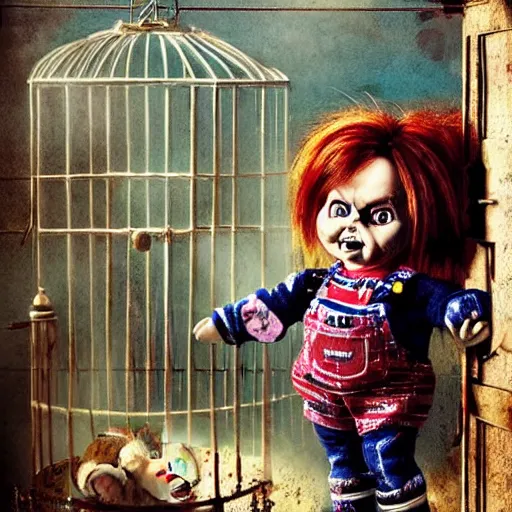 Prompt: the doll chucky in the middle of a cage fighting with doll annabelle, epic mma fight, dramatic poses, disneyland as backdrop, oil painting, by greg rutkowski