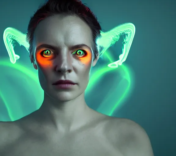 Prompt: portrait of a woman with horns made of flames and glowing green eyes, in the wisps of thick smoke, looking into the camera, studio photography, studio lighting, realistic render, octane render, 4 k, 8 k, face in focus