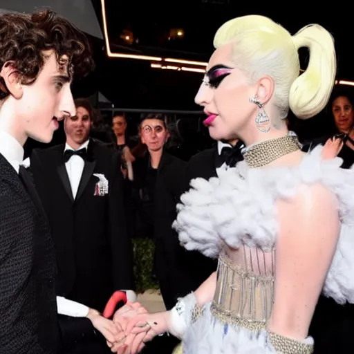 Image similar to timothee chalamet and lady gaga meet eachother