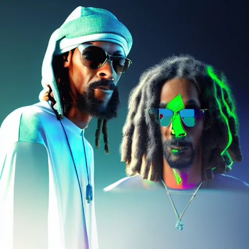 Image similar to ultra mega super hyper realistic Digital concept art of highly detailed cybertronic detailed face Jesus smoking weed with Snoop Dogg. Rendered in VRAY and DaVinci Resolve and MAXWELL and LUMION 3D, Volumetric natural light