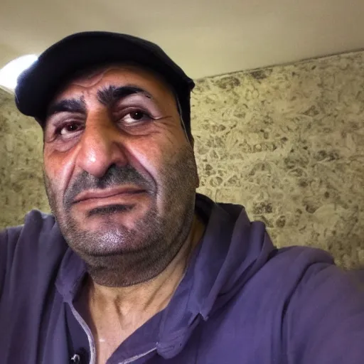 Image similar to my Kurdish dad accidentally taking a selfie with the front camera, squinting because the camera flash is so bright in his face, 4k uhd photo