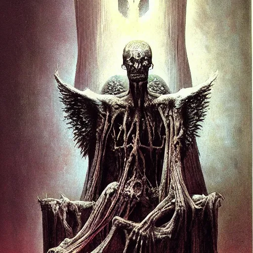 Prompt: fallen angel sitting on a throne in a dark temple, beksinski, wayne barlowe, adrian smith fantasy art, hr giger