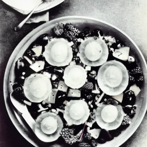 Prompt: photo of a 1970s jellied salad full of tiny humans