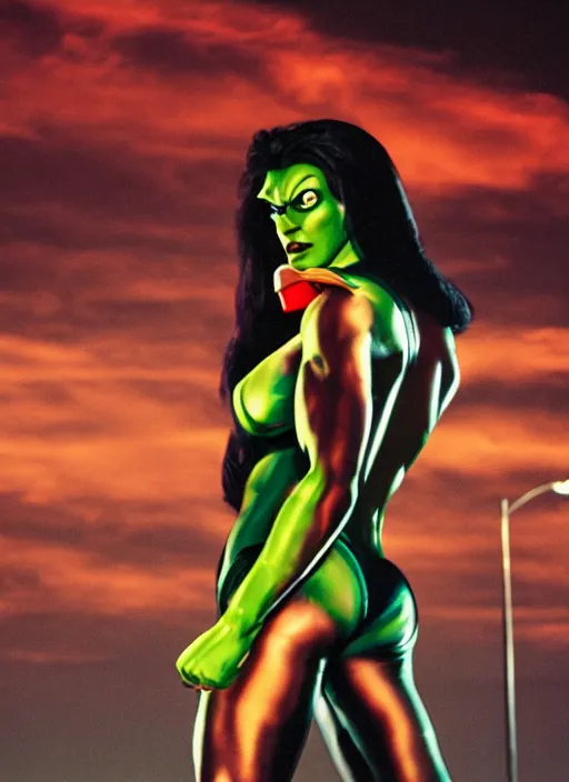 Image similar to a color photo portrait of she hulk in la by terry richardson, dramatic lighting, 7 5 mm lens, sharp focus.