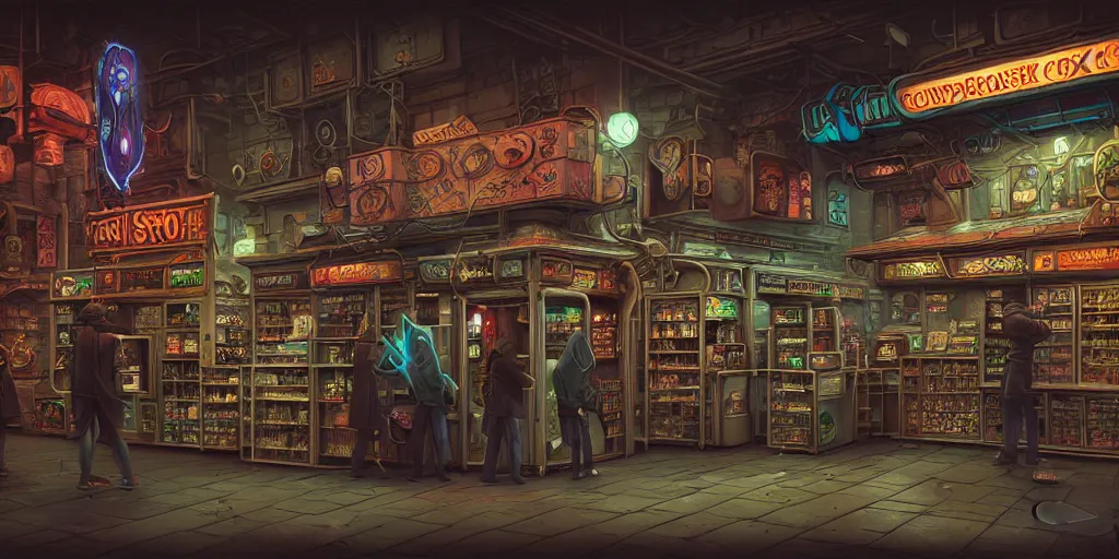 Prompt: fantasycore, eldritch, psychic, elemental masterpiece 8k resolution Behance HD scrollwork magic conduits zBrush Central contest winner, cel-shaded cyberpunk convenience store pastiche by Dan Witz