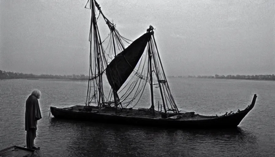 Prompt: 1 9 6 0 s movie still by tarkovsky of an elder socrates in a small barque on a tiny neoclassical canal, cinestill 8 0 0 t 3 5 mm b & w, high quality, heavy grain, high detail, panoramic, ultra wide lens, cinematic composition, dramatic light, anamorphic, piranesi style