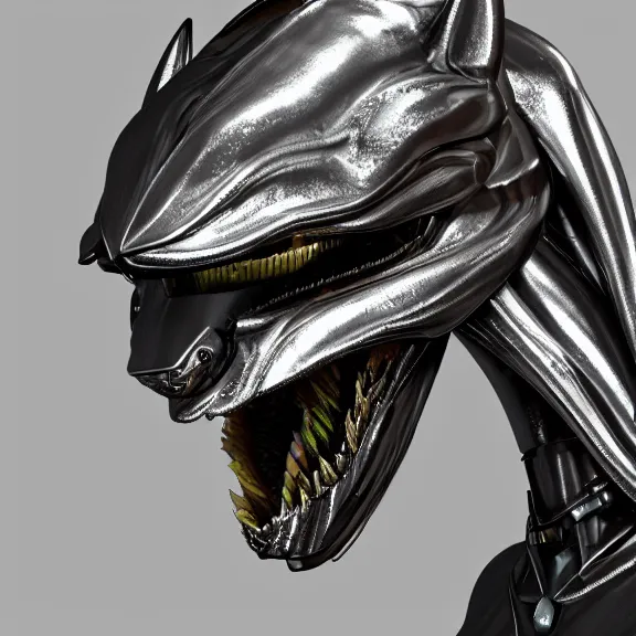 Image similar to detailed bust shot of a gigantic goddess elegant beautiful stunning anthropomorphic hot robot mecha female dragon, eating a spaceship whole, with sleek silver metal armor and cat ears, OLED visor over eyes, micro art, prey, vore, digital art, mawshot, dragon vore, dragon maw, furry art, high quality, 8k 3D realistic, macro art, micro art, Furaffinity, Deviantart, Eka's Portal, G6