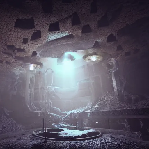 Prompt: deep underground cthulhu dungeon cave with large lovecraft style structures and a chest in focus in the midde of the frame, dim light falling through cracks in the ceiling, cinematic, hdr, 4k, hyper realistic, render, cold light, high detail