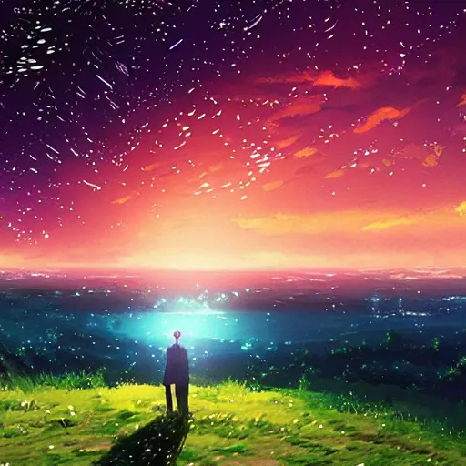 Image similar to Starry night, dreamy world, makoto shinkai, pixiv scenery art, light refraction