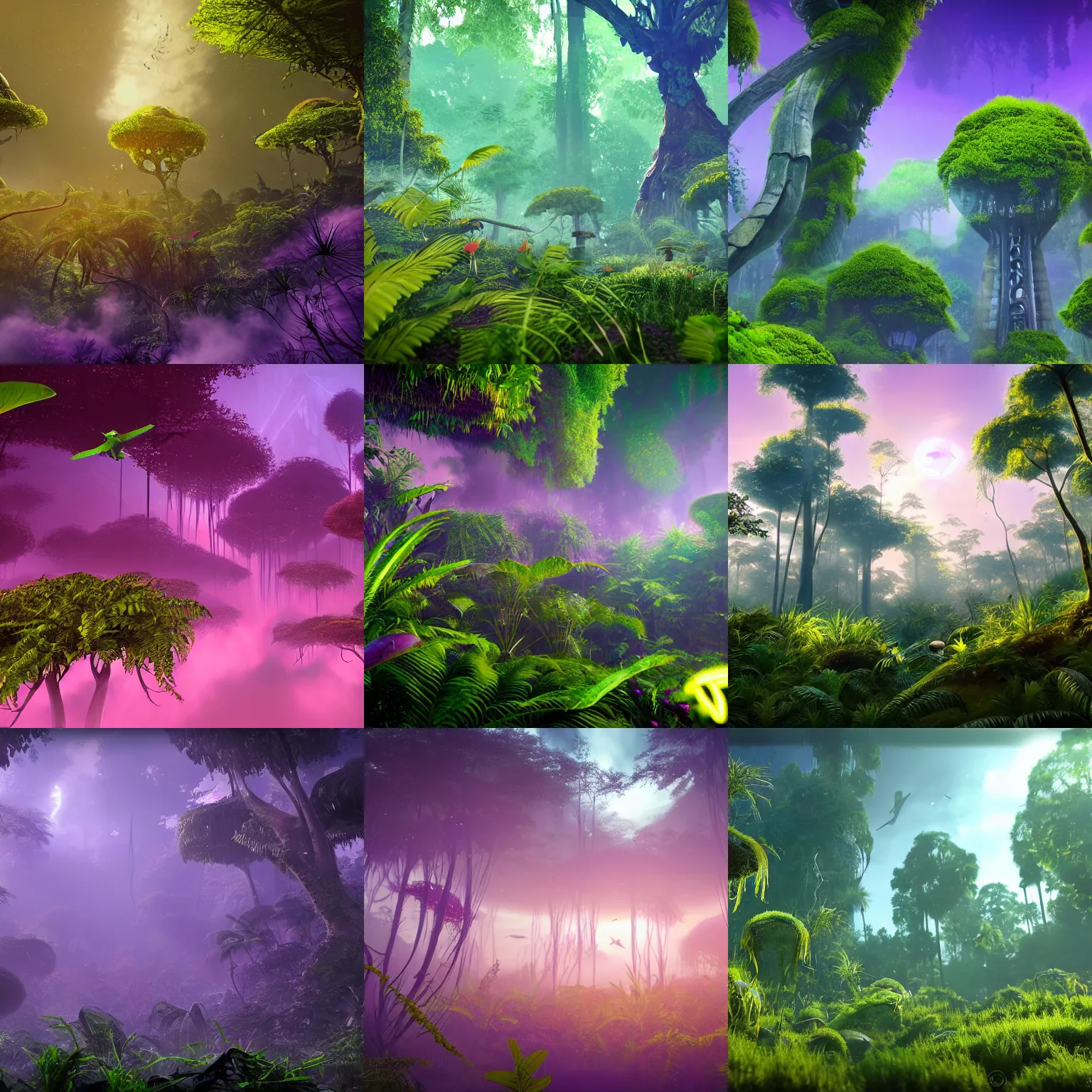 Prompt: a lush alien forest, violet sky, yellow plants, birds in flight, humid alien jungle, atmospheric, exotic, unreal engine, trending on artstation