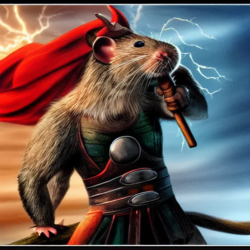 Image similar to the rat thor ~ holding his hammer ~ dramatic thunder background ~ fighting scene ~