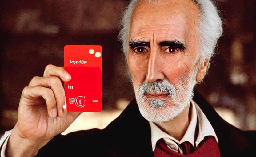 Prompt: movie still close-up portrait of Christopher Lee as a Victorian inventor proudly holding a small red plastic card with see-through holes punched in it, by David Bailey, Cinestill 800t 50mm eastmancolor, heavy grainy picture, very detailed, high quality, 4k, HD criterion, precise texture and facial expression