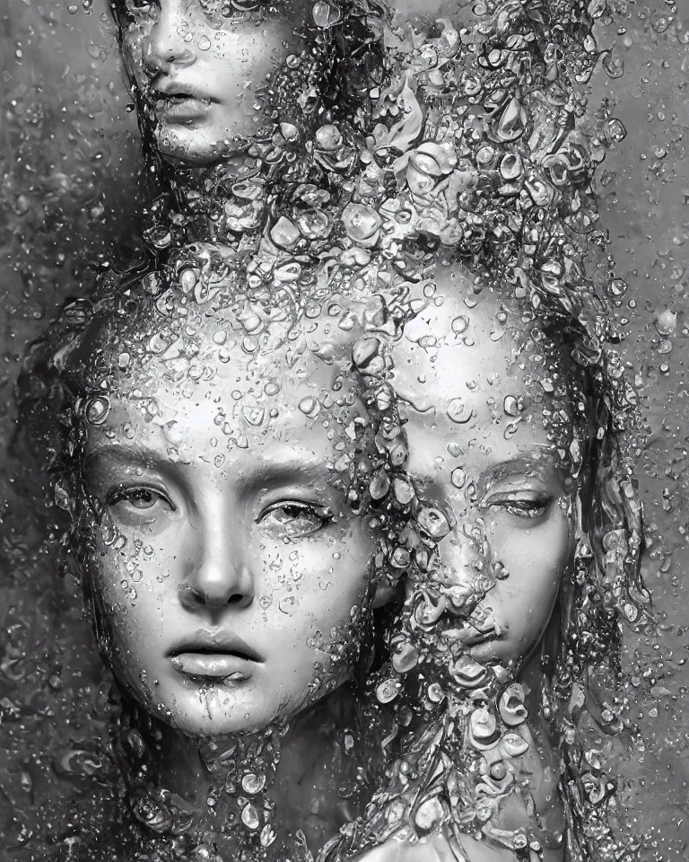 Image similar to sculpture made of water, portrait, female, future, shaman, harper's bazaar, vogue, magazine, insanely detailed and intricate, concept art, close up, wet, ornate, luxury, elite, elegant, trending on artstation, by ruan jia, by kenneth willardt, by ross tran, by wlop, by andrei riabovitchev