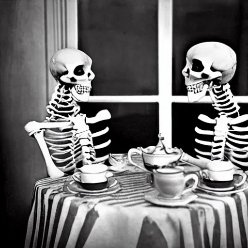 Prompt: two skeletons enjoying tea time at the white house, photo still from the west wing