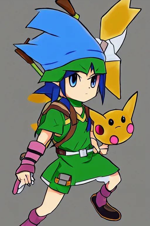 Prompt: an in game portrait of link as a pokemon trainer from pokemon arceus, pokemon arceus art style.