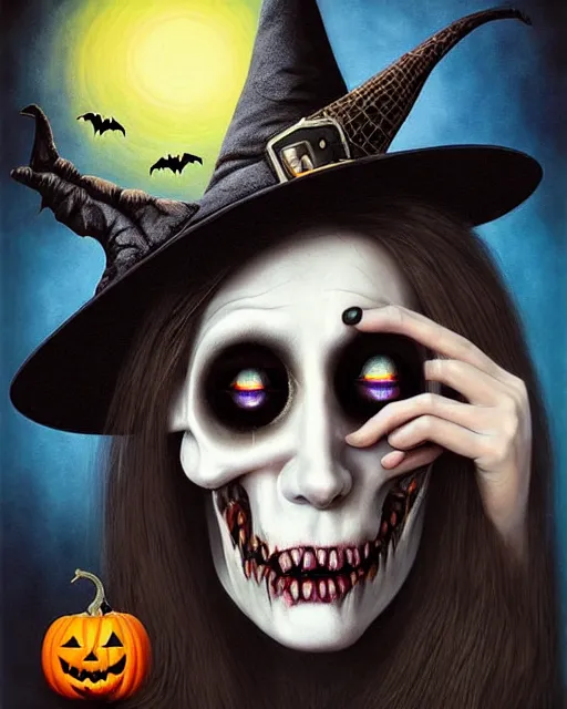 Prompt: halloween witch theme surrealist art in the styles of igor morski, jim warren, and a tim burton film, intricate, hyperrealistic, accurate facial details, profile picture with chromakey background, volumetric lighting