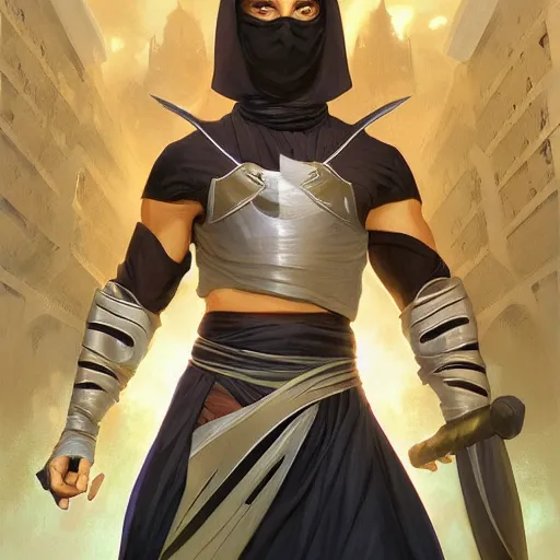 Image similar to character concept, wide angle, full body, symmetrical head - on centralized, young arabic man with dark ninja clothes. detailed, high quality, dynamic lightning, fantasy, scenematic. artwork by artgerm, wlop, alex ross, greg rutknowski, alphonse mucha