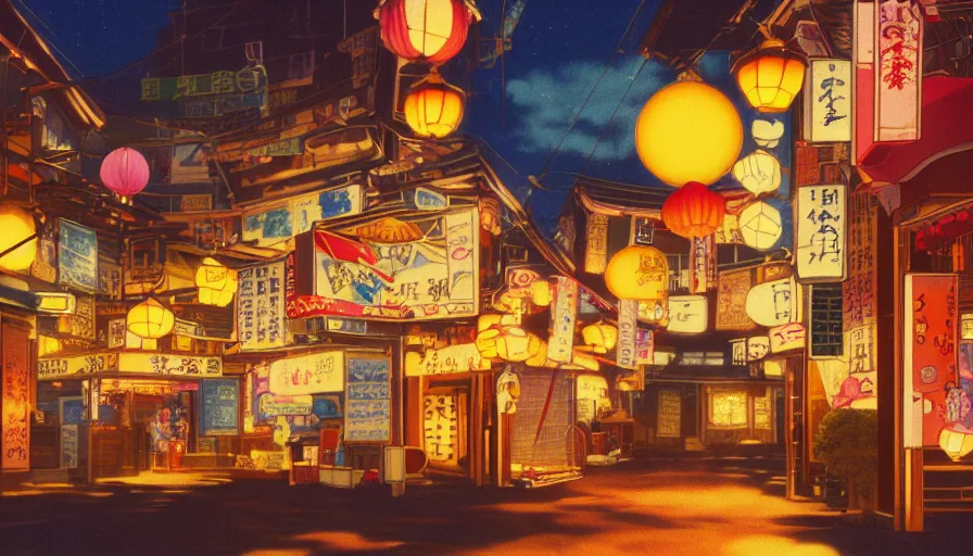 Prompt: A film still from a 1990s Sailor Moon cartoon featuring a moody street in Japan with a waterfall and lanterns, golden hour, cinematic look, film grain, high detail, high resolution, 8k