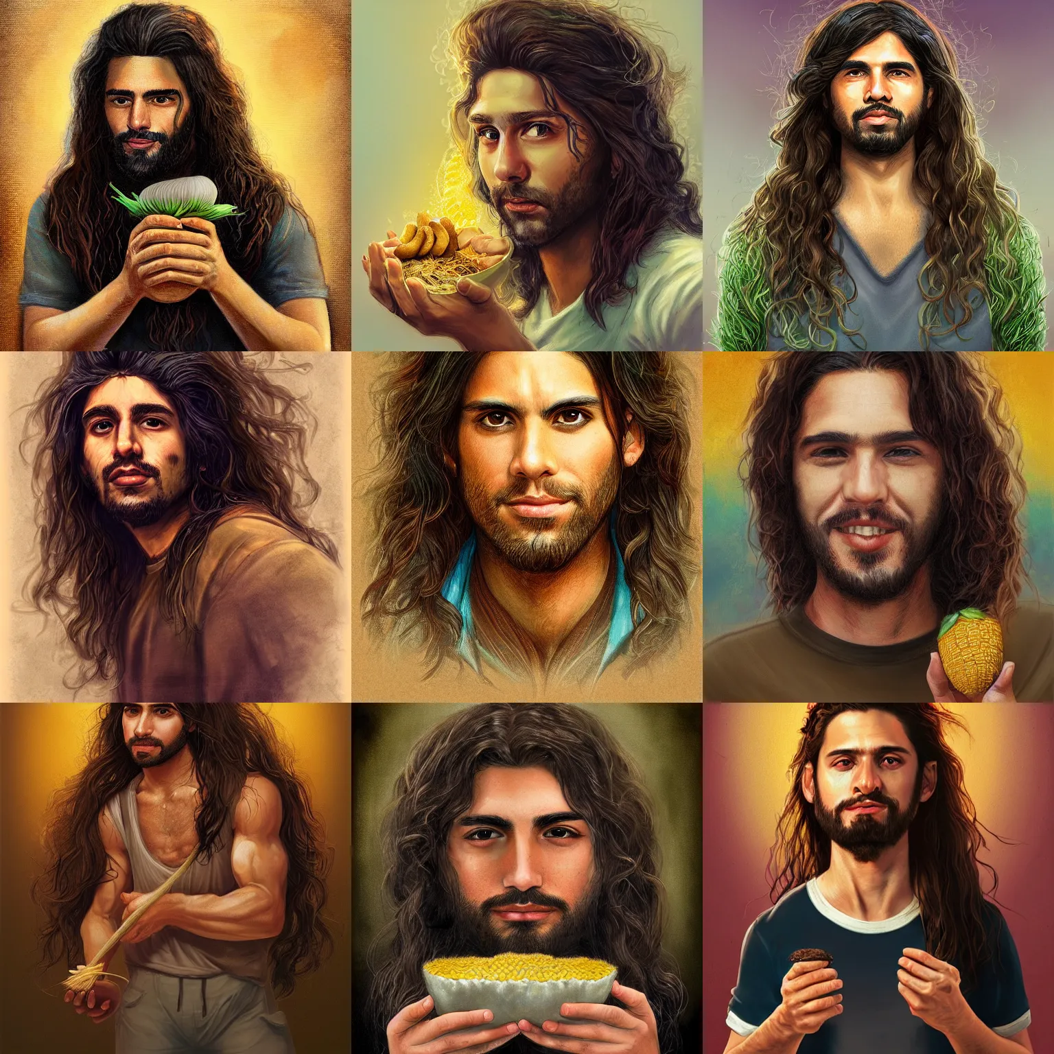 Prompt: long haired hispanic god with cornrose who loves to cook and forage mushrooms, sam spratt, mark rydan, intricate details, artstation hd