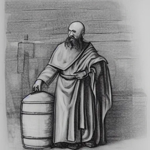 Image similar to pencil sketch of a Greek Orthodox monk drinking mead from a barrel