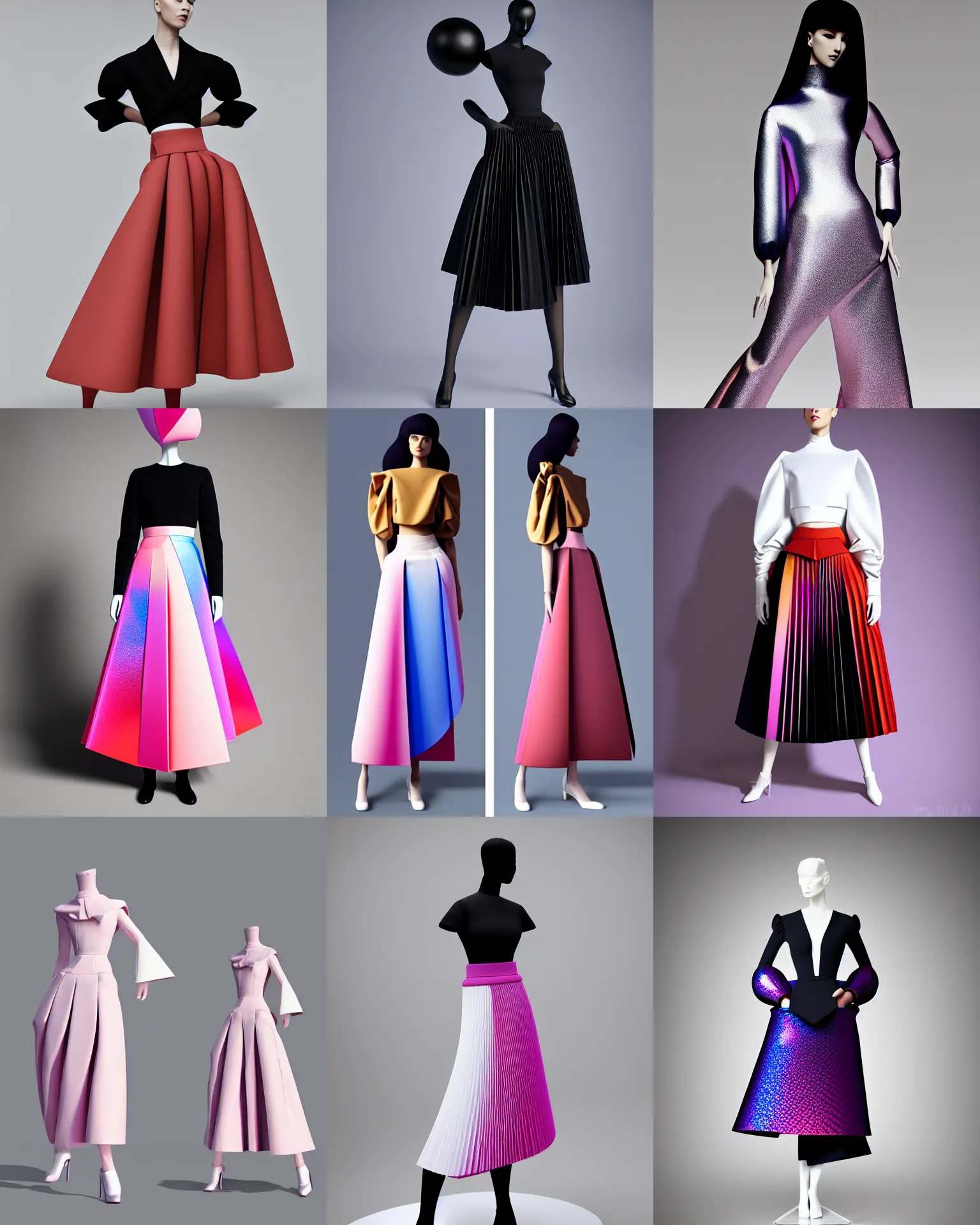 Prompt: designer figure collection ball shaped accordion sleeve haute couture, sailor uniform, midi skirt, coat pleats, synthetic curves striking pose, dynamic folds, cute huge pockets hardware, volume flutter, youthful, modeled by modern designer bust, body fit, award fashion, cotton candy gradient scheme, holographic tones, expert composition, high detail, professional retouch, editorial photography