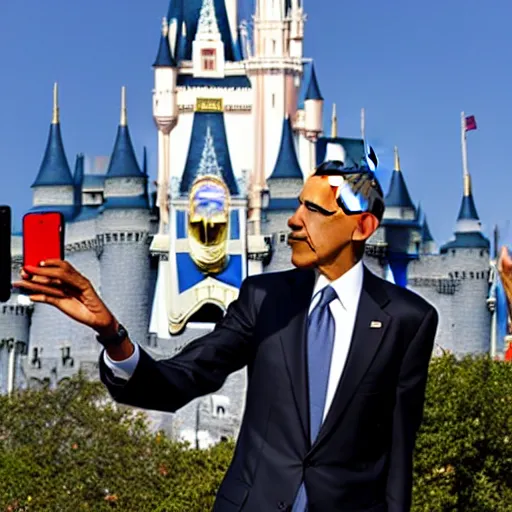 Prompt: barack obama takes a selfie in front of the disney world castle