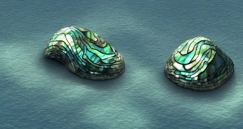 Prompt: giant abalone - shaped seashell house in the ocean, cell shaded, concept art, 3 d