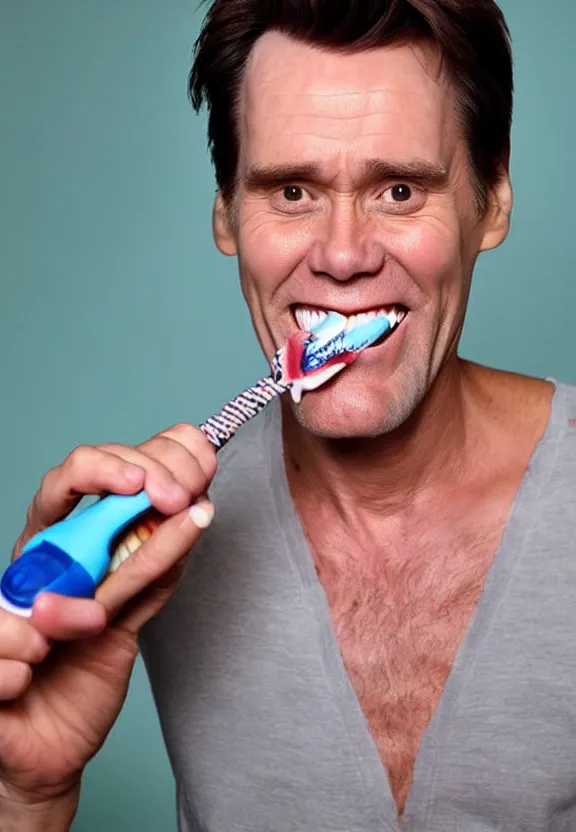 Image similar to jim carrey brushing his teeth with an electric toothbrush suds cinematic bright light heaven