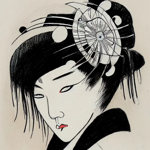 Prompt: a drawing by sergio toppi of a geisha