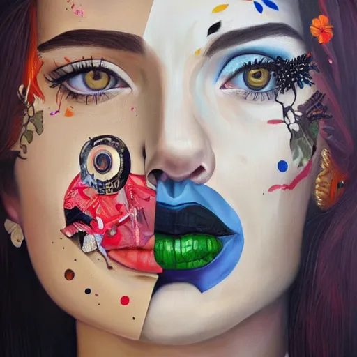 Image similar to a painting of a woman's face with many different things on her face, a surrealist painting by Sandra Chevrier, behance contest winner, pop surrealism, surrealist, detailed painting, poster art