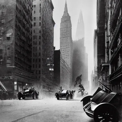 Image similar to old black and white photo, 1 9 1 3, depicting batmobile from dark knight rampaging through the bustling streets of new york city, rule of thirds, three - point perspective, historical record