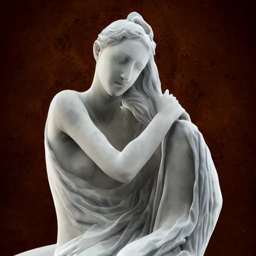 Image similar to a delicate renaissance marble sculpture covered with water veil, highly detailed transparent marble cloth, gi, global illumination, physically based rendering, photorealistic, top light, dark background