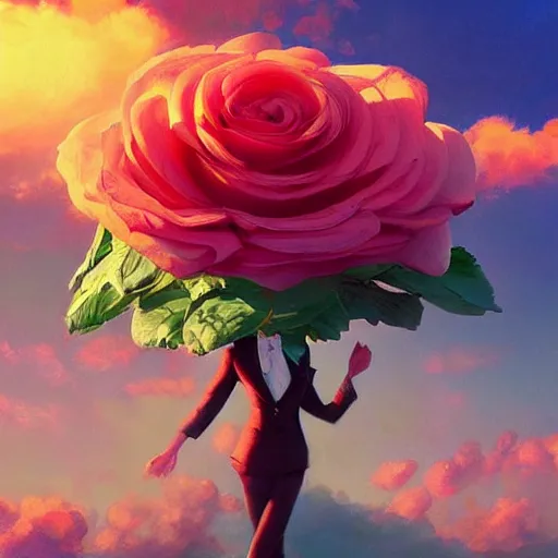 Image similar to closeup, giant rose flower head, portrait, girl with suit, surreal photography, sunrise, blue sky, dramatic light, impressionist painting, digital painting, artstation, simon stalenhag