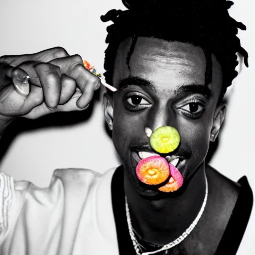 Image similar to playboi carti eating fruity pebbles, film grain, vintage photo, high contrast