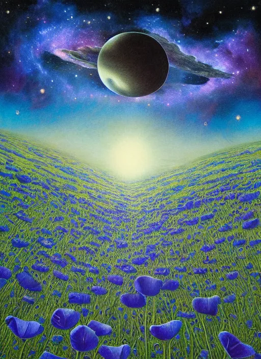 Image similar to detailed, intricate blue black and purple papaverum flower on the field, nebula, galaxy in the sky, winning award masterpiece, fantastically beautiful, illustration, aestheticly inspired, jacek yerka, upscale with anguissola sofonisba work, artstation, 8 k