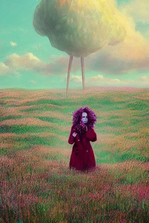 Prompt: portrait, enormous flower head, a girl wearing a coat in heather field, surreal photography, wind and cold, dramatic sky, impressionist painting, digital painting, artstation, simon stalenhag