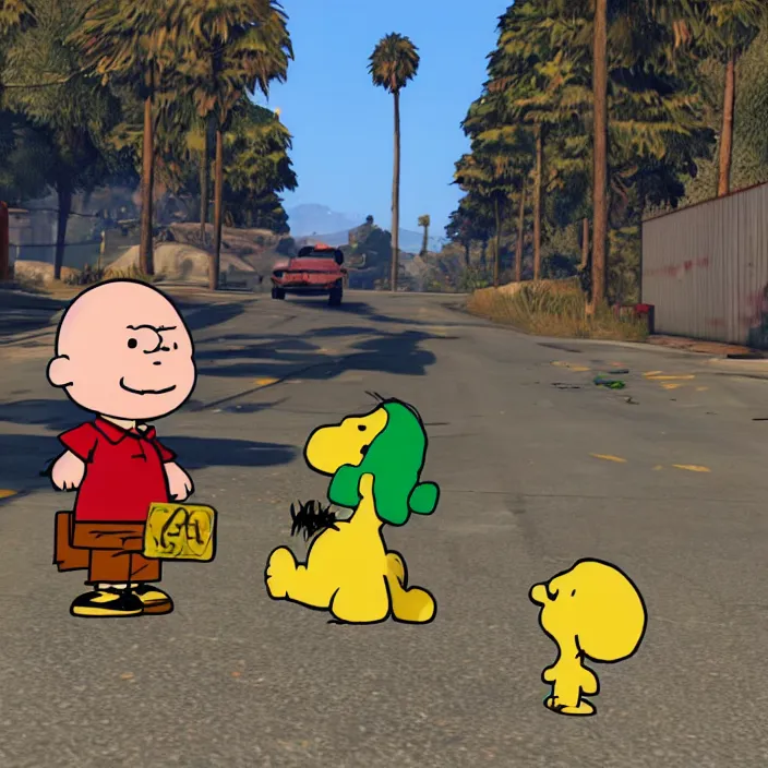 Prompt: Charlie Brown in GTA V, gameplay screenshot