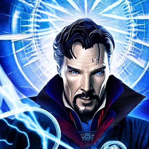 Image similar to doctor strange in neo suit, sharp focus, volumetric lighting, blue tint