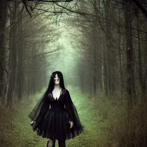 Image similar to photogenic gothic young woman with black hair in dark forest, 8 k, portrait