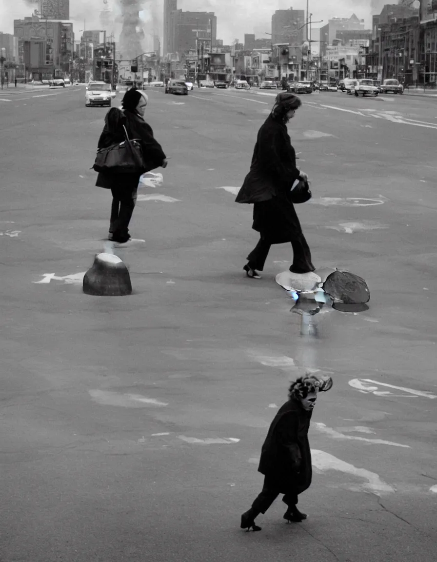 Image similar to A panicked old woman crossing the street with a walker. A nuclear mushroom cloud is in the background. Black and white photo by Annie Leibovitz.