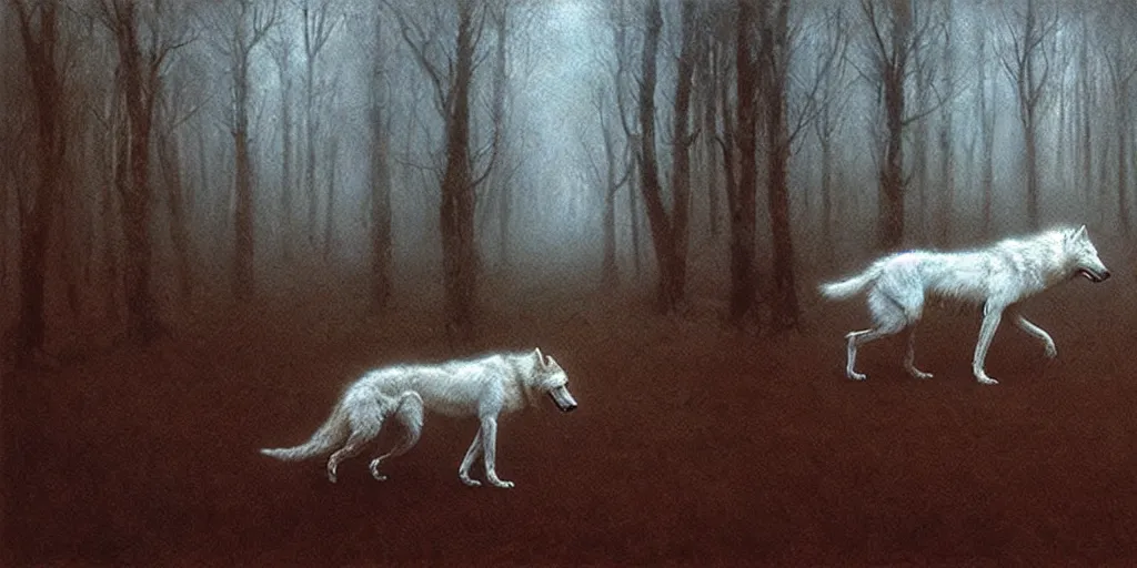 Prompt: a white wolf walks through a nightmare landscape, sad, emotive, high detail, by beksinski and ruan jia