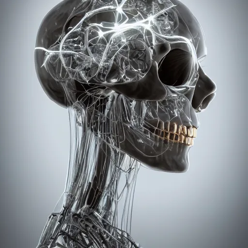 Prompt: very detailed portrait 55mm photo of a mechanical head without skin, with crystal bones and optic fiber nerves, gears in his head and cybernetic enhancements in it's skull. In the forest with bokeh. Ray tracing and tessellation. Very sharp high detailed 8k image