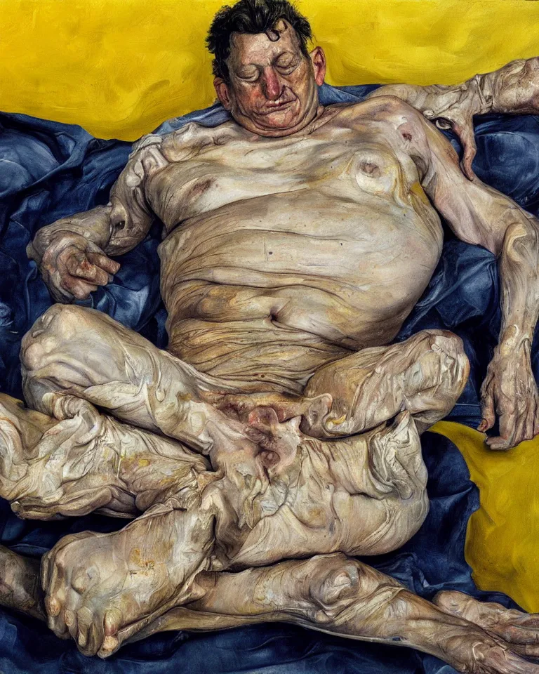 Prompt: high quality painting by lucian freud and jenny saville, hd, high contrast, fine details, hd, mangenta, indigo, yellow