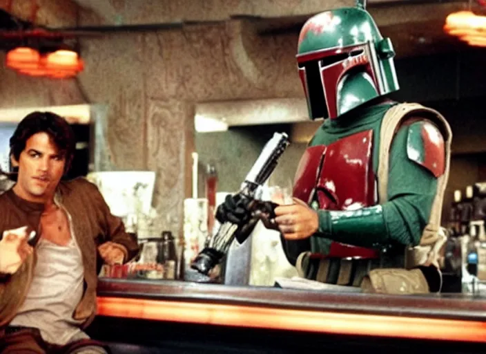 Prompt: boba fett drinking a bar in the movie swingers