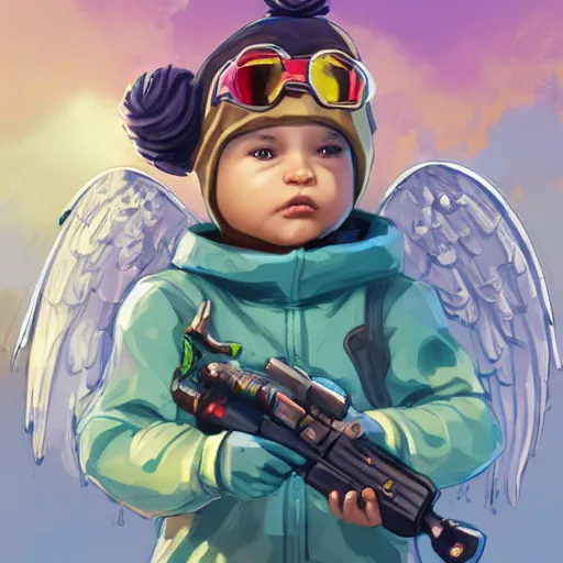 Image similar to baby Angel, baby cherub,wearing angel halo, ski mask, balaclava, face covered, wearing angel halo covered face, orange hoodie, hip hop, multiple golden necklaces, fantasy art apex fortnite Video game icon, 2d game art gta5 cover , official fanart behance hd artstation by Jesper Ejsing, by RHADS, Makoto Shinkai and Lois van baarle, ilya kuvshinov, rossdraws