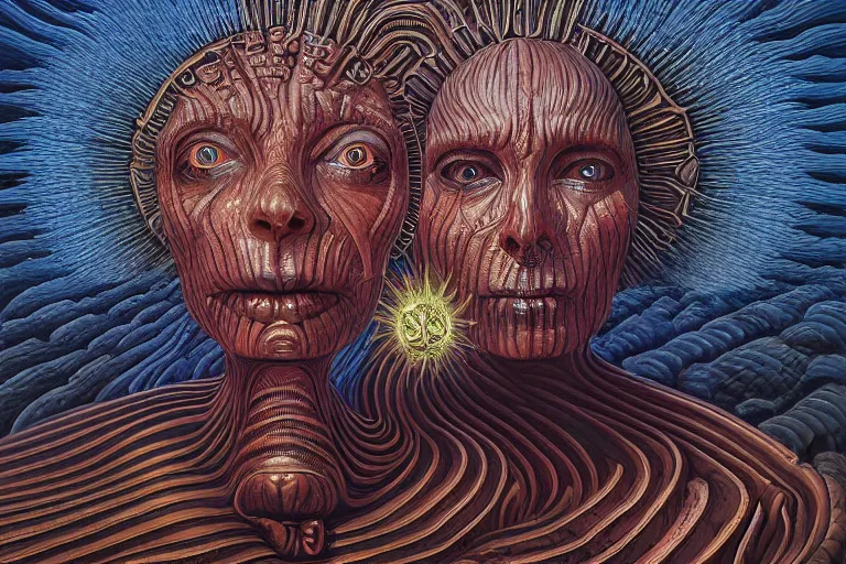 Image similar to THE QUEEN OF THE SUN by jacek yerka, alex gray, zdzisław beksiński, dariusz zawadzki, jeffrey smith and h.r. giger, oil on canvas, 8k highly professionally detailed, trending on artstation