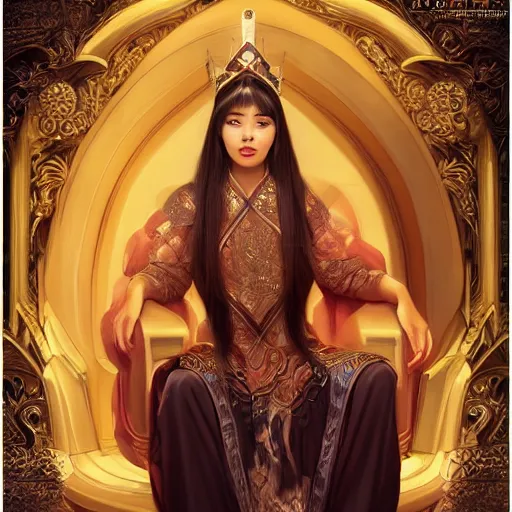 Image similar to portrait of a beautiful young asian woman with shoulder length hair and strong facial bone structure, queen and ruler of the universe, sitting on her throne, men kneeling at her feet, painting by ross tran